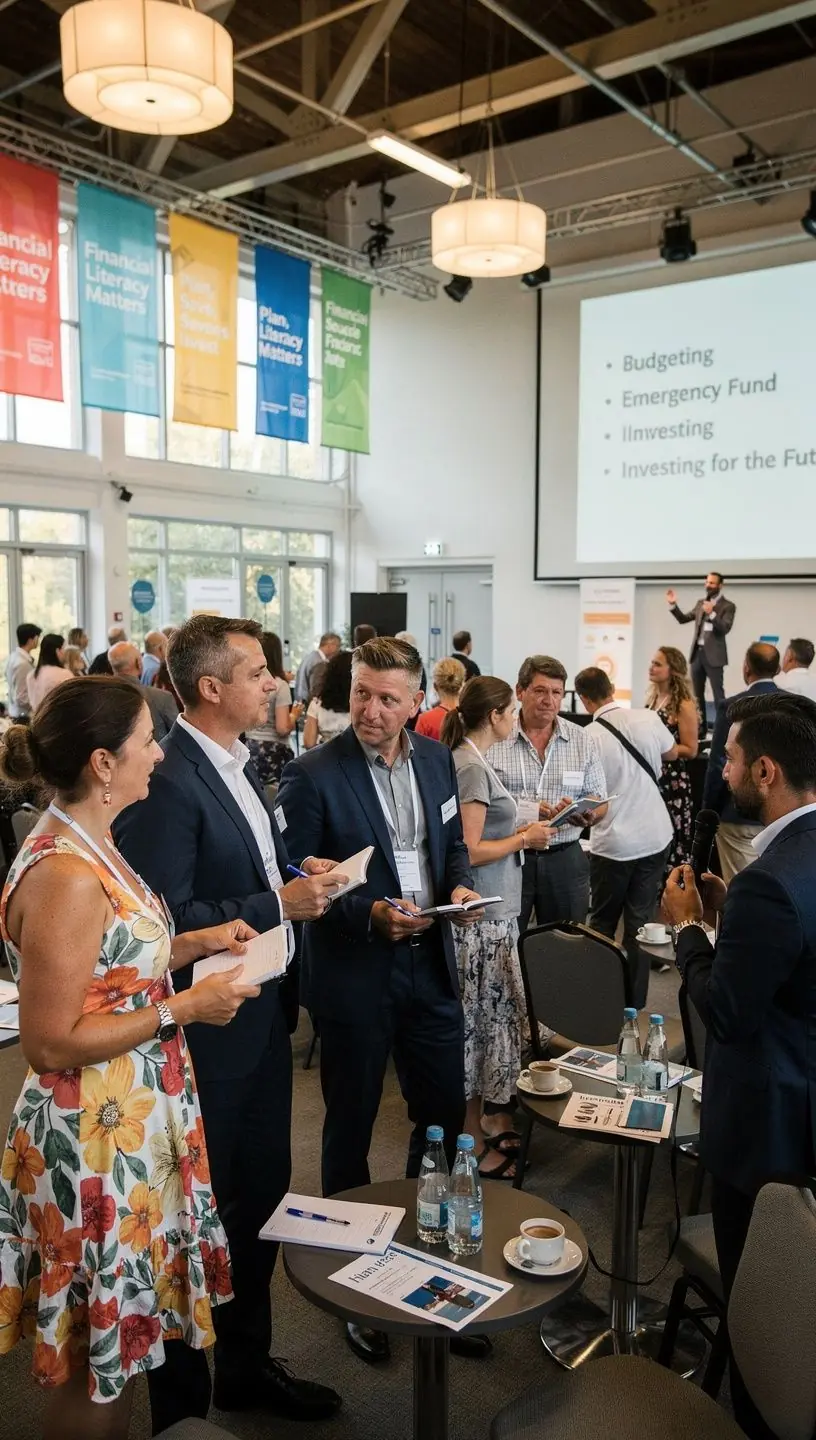 Offline pénzügyi szeminárium résztvevői jegyzeteket készítenek egy professzionális előadáson.